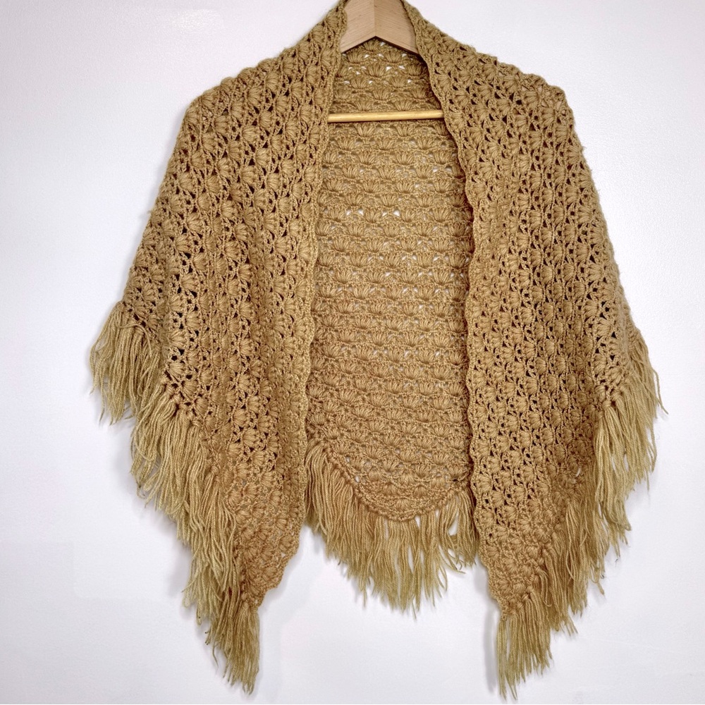 Handmade Crochet Wool Shawl with Fringe